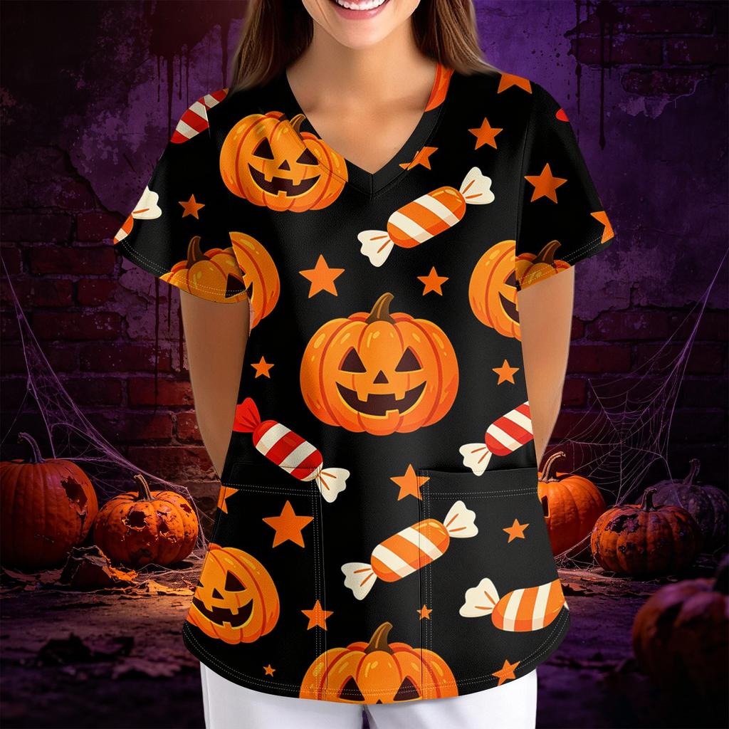 Women's Halloween Print Loose V-Neck Short Sleeve Pocket Uniform Top Scrub Costume Cosplay for Adult Women