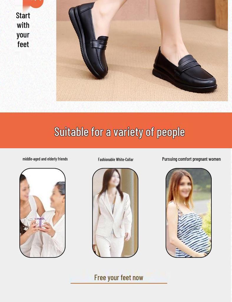 Chaussures de travail antidérapantes en cuir véritable pour maman - Noir, Semelle plate, Douces et confortables pour rester debout toute la journée