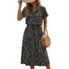 Women's Casual Shirt Dress with Stand Collar Button Down Front Elastic Waist Midi Length Short Sleeve Floral Print