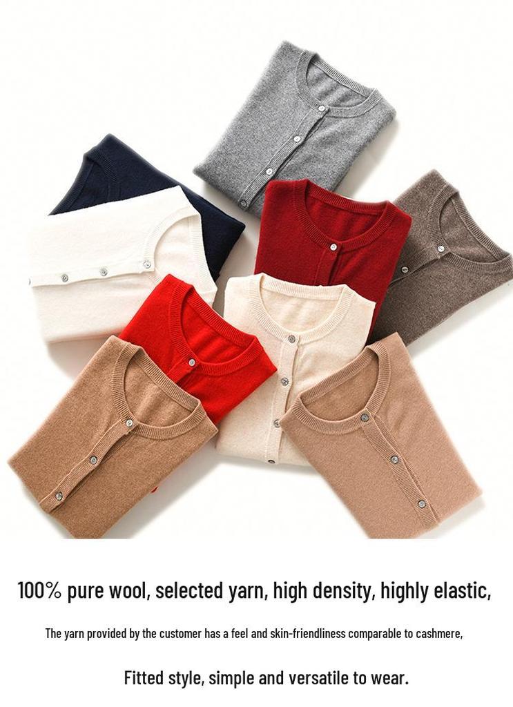 Women's Loose Plus Size Pure Wool Cardigan - Round Neck, Long-Sleeve, Anti-Pilling Knitwear for Spring & Autumn