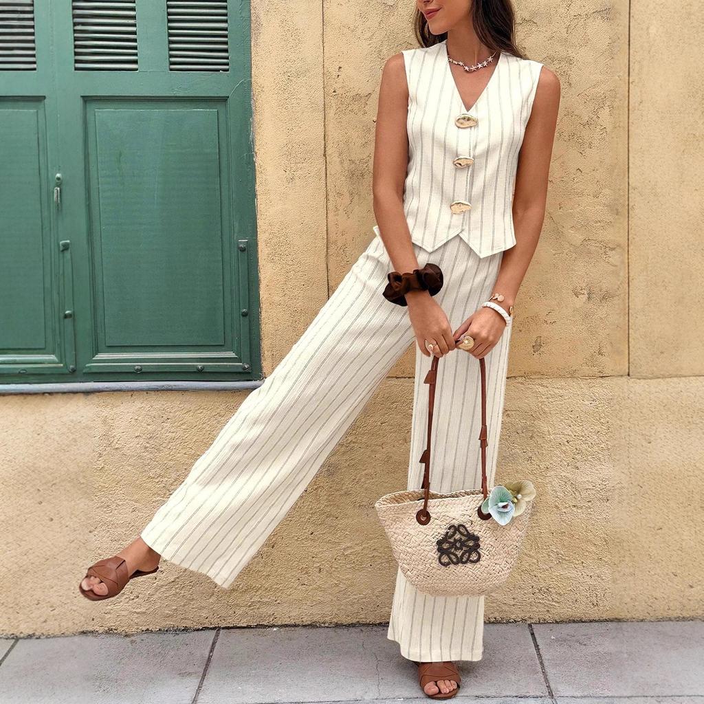 Light Color Stripe Sleeveless Vest and Wide Leg Pants Two Piece Set