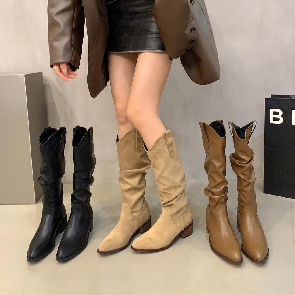 New khaki heightened and slim pleated stacked long knight boots velvet winter Martin boots