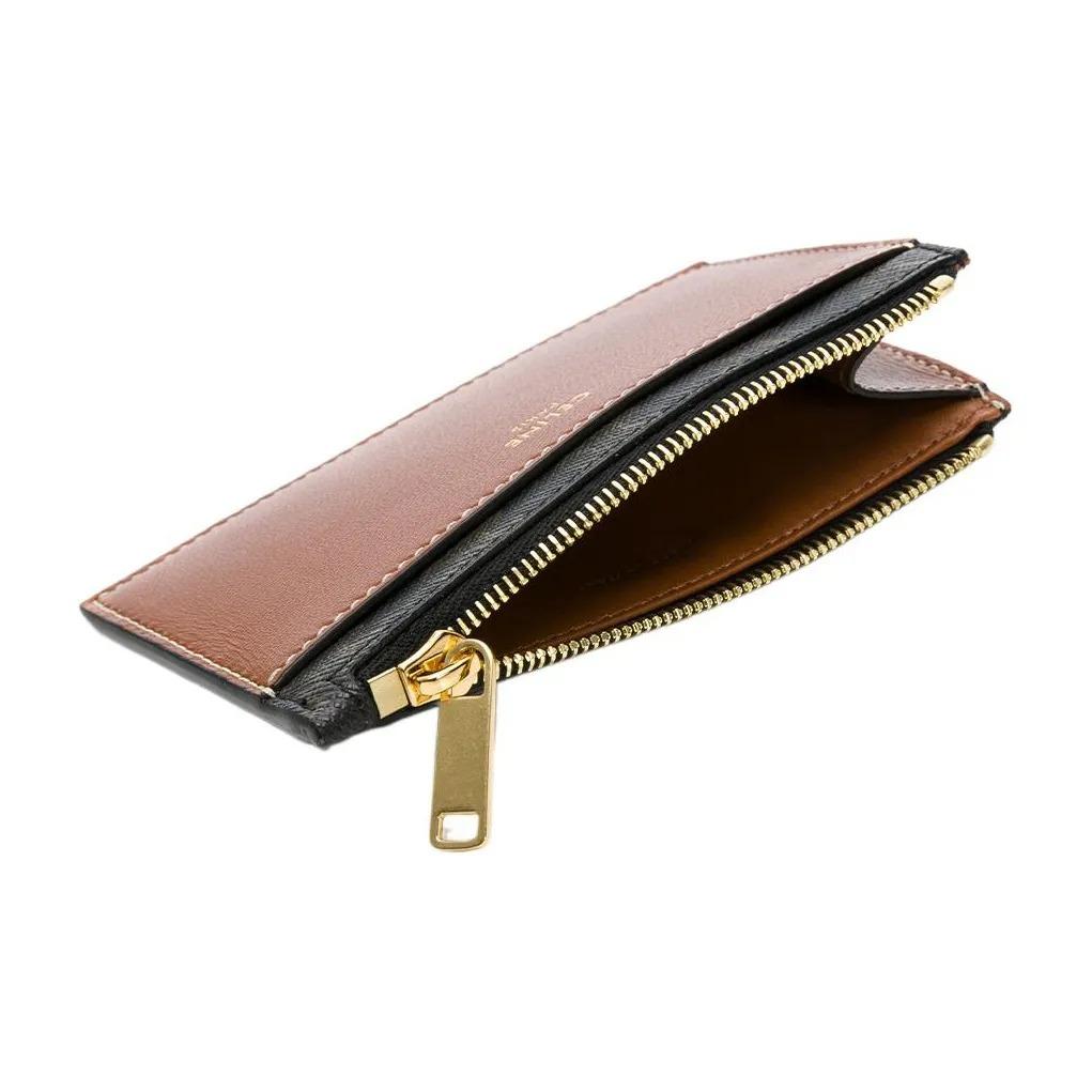 CELINE Triomphe Gold Metal Zipper Lambskin Cardholder Wallet Women's Tan