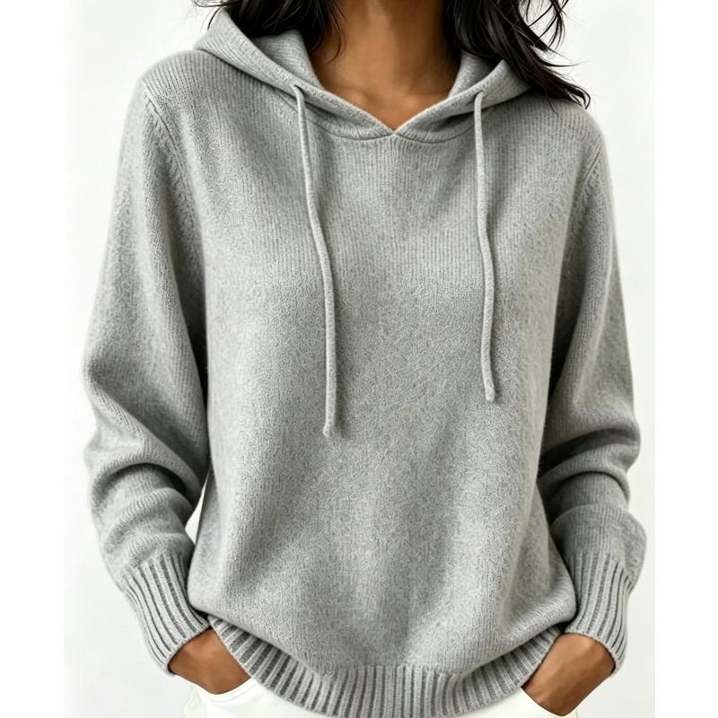 Hooded Knitted Hoodie Women's Autumn/Winter Hoodie Drawstring Pocket Sweater Women's Casual Solid Color Women