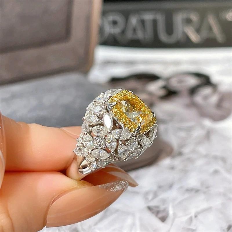 Luxury Women'sv Yellow CZ Crystal Stone Ring for Women Party Elegant Lady Finger Anniversary Gift  Sterling Silver