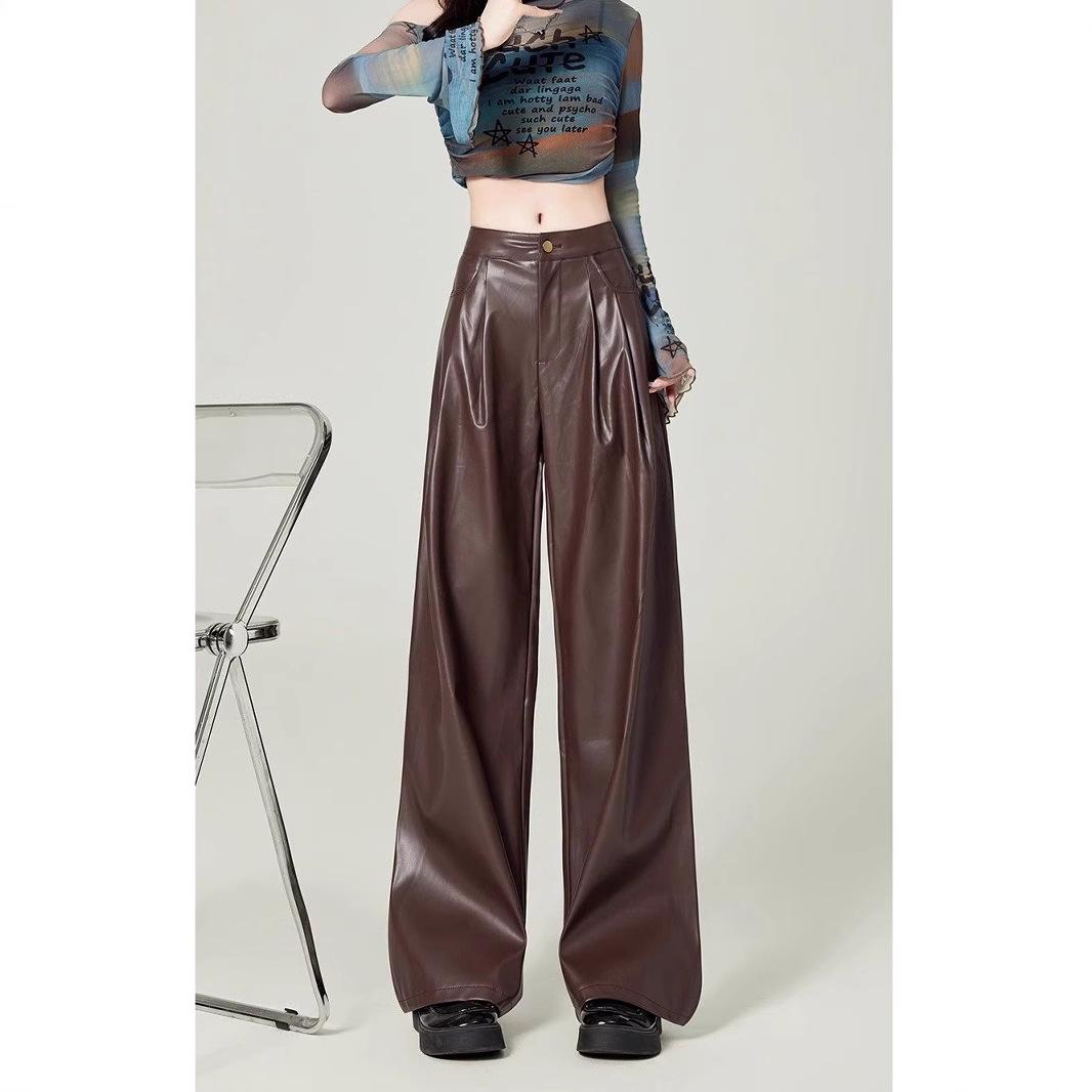 

Женские кожаные брюки Meilaide 2024 с высокой талией и широкими штанинами - Осенне-зимние свободные брюки, стройнящие, драпирующиеся, длиной в пол, в стиле кэжуал Small коричневый