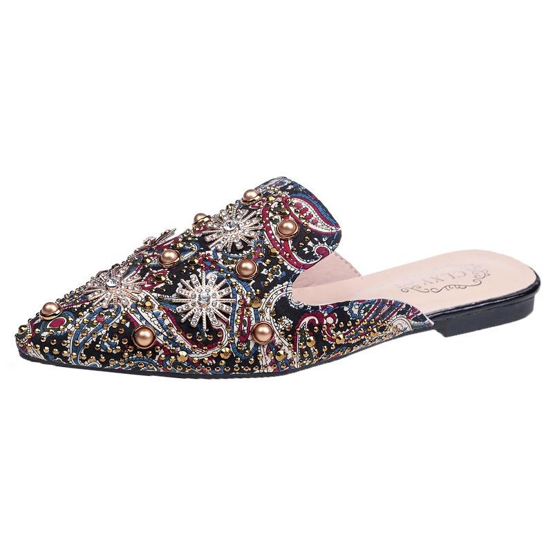 

Весна и лето новые сексуальные принты горячие бриллианты заклепки жемчуг остроносые сумка-голова шлепанцы на одной подошве 40 красный