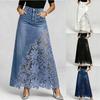 Elegant Women Washed Denim Long Skirt High Rise Hollow Floral Lace Patchwork Fishtail Maxi Skirt Casual Daily Party Bottoms