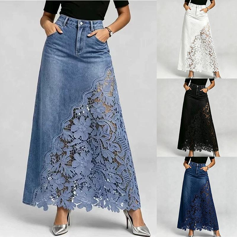 Elegant Women Washed Denim Long Skirt High Rise Hollow Floral Lace Patchwork Fishtail Maxi Skirt Casual Daily Party Bottoms
