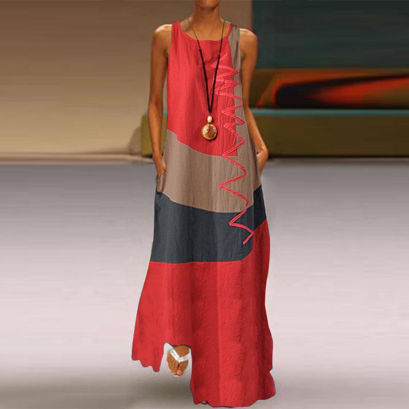 Plus Size Women Summer Retro Sleeveless Dress O-Neck Vintage Patchwork Long Dresses