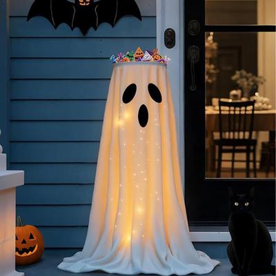 Halloween Lighted White Cloth Ghost Candy Bowl Indoor & Outdoor Decor Scary Standing Ghosts Decor for Front Door Porch Yard