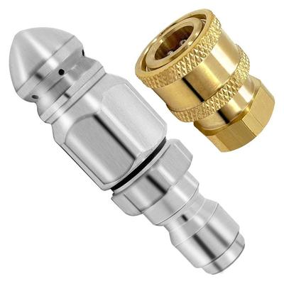 Stainless Steel + Brass Pressure Washer Jetter Nozzle 1/4'' Quick Connect 1 Forward Jet + 6 Rear Jets Sewer Jetter Nozzle
