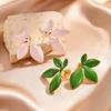 Elegant Pink Green Enamel Leaf Shaped Stud Earrings for Women Girls, Dainty Fashion Personality Design Stainless Steel Jewelry