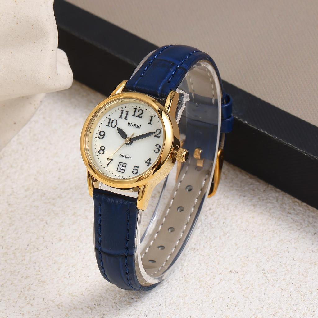 BUREI Analog Quartz Watch with Date Blue Leather Slim and Perfect for Casual and Business Perfect for and Celebrations Women's Display, Strap, Fit,