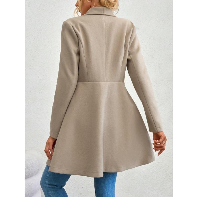 Women's Mid-Length Wool Blend Coat, Autumn Winter Wide Lapel Double Button Outerwear, Slim Fit Elegant Ladies Chic Notched Collar Overcoat
