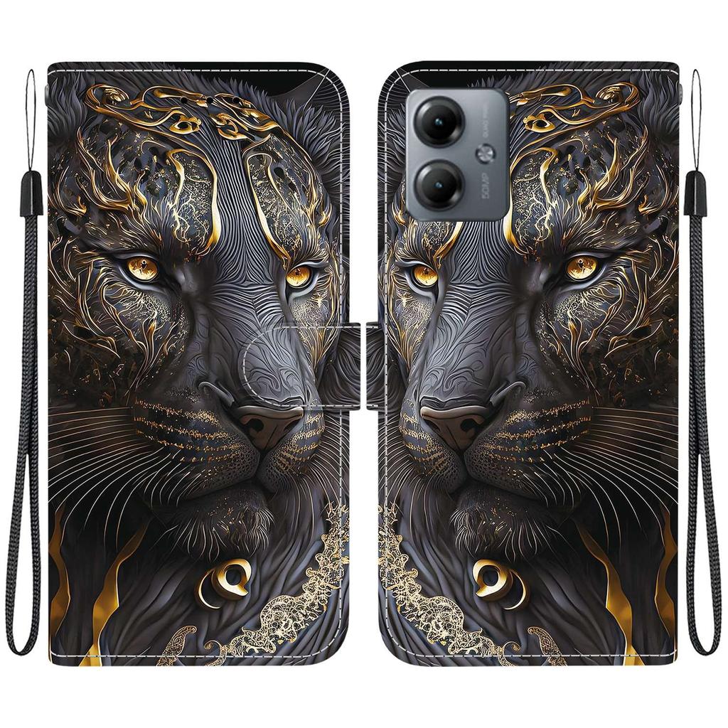 Handmade PU Leather Flip Case for Motorola Moto G14 Anti-Slip Shockproof Cover with Wrist Strap & Heart/Rose Cat Designs