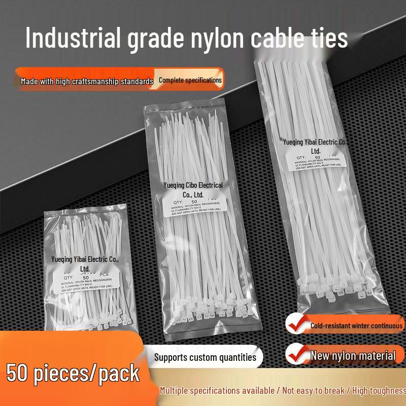 

50-Piece Black & White Nylon Cable Ties with Mounting Bases - Versatile Strap for Gardening, Wires, and More 3x80mm, Length 8cm, Width 1.9mm, 50 pcs