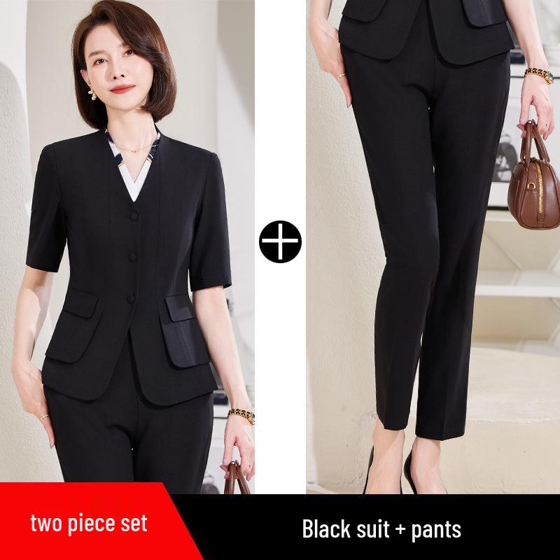 Women's Black Short Sleeve Professional Suit Set for Summer - Elegant Front Desk and Salon Workwear