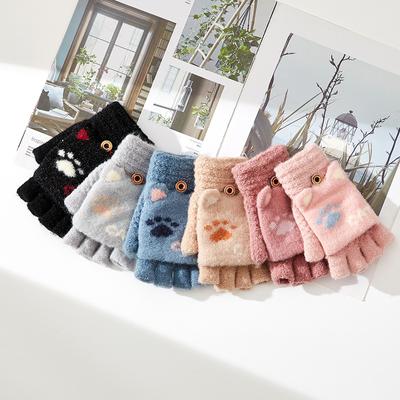 Winter Warme Strickhandschuhe für Damen mit Niedlichen Katzenpfoten Buchstaben Jacquard für Erwachsene Halbfinger Klappbar Halb Cartoon Wollen Herren
