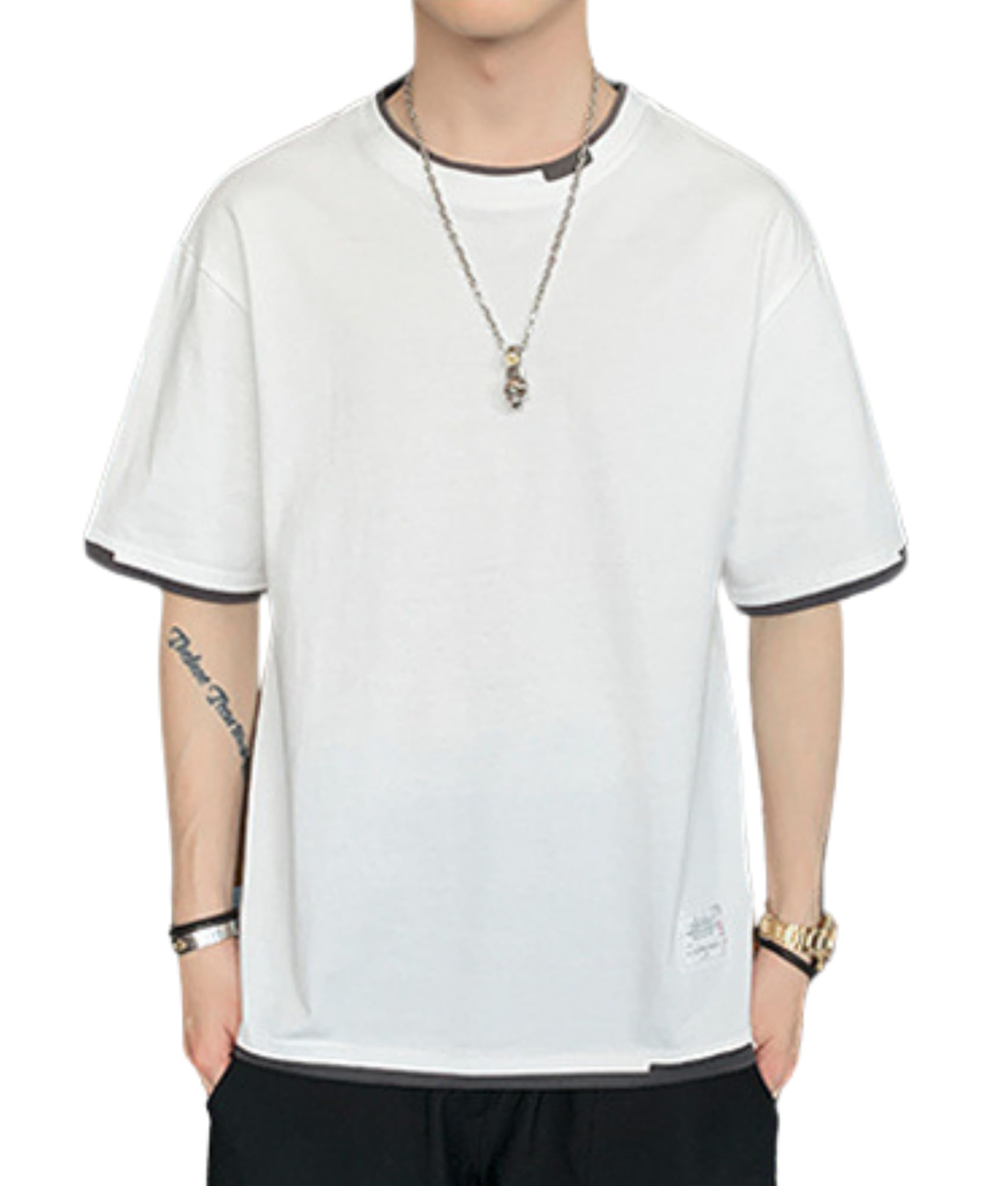 

C&CL 100% Cotton Cut and Sew T-Shirt, Men s Short Sleeve Layered Top, Summer Wear (JP, Alphabet, 2XL, White)