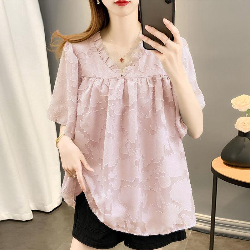 Fashion V-Neck Ruffles Spliced Blouse Women's Clothing Loose Casual Folds Summer All-match Solid Color Chic Jacquard Weave Shirt