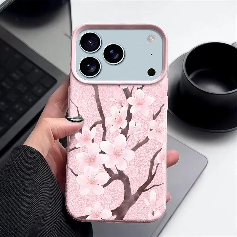 

Чохол у стилі ручного малюнка з візерунком сакури для iPhone 17 Pro Max Шкіряна текстура М яке силіконове покриття для iPhone 16 15 14 13 Pro 12 11 16E Air iPhone 13 рожевий