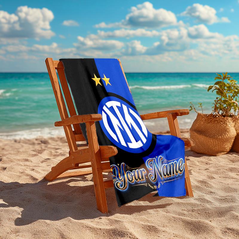 1pc Internazionale Milano Beach Towel with Custom Name, Beach and Seaside Swimming Pool Equipment, Fashion Pattern, Rectangular, Travel Essential