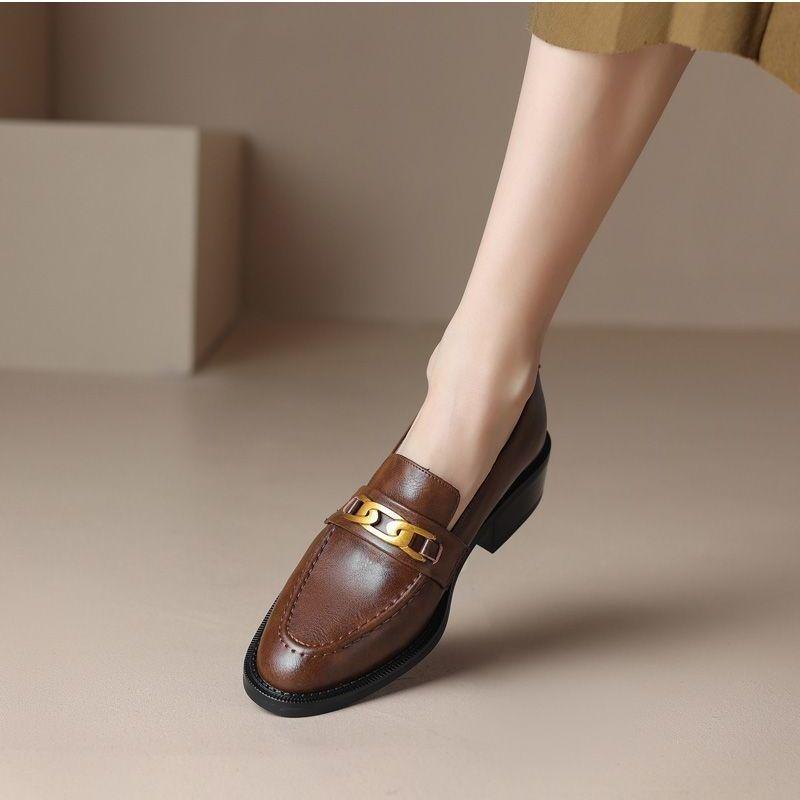 2025 Women's Plus Size Brown Leather Loafers: Spring/Autumn, Round Toe, Chunky Medium Heel, British Style