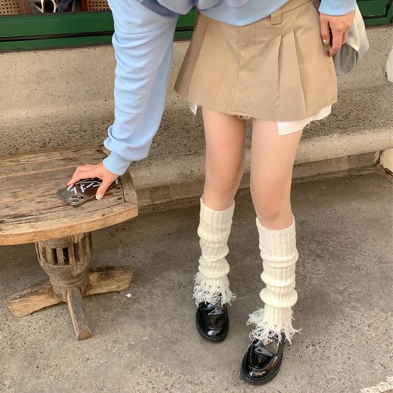 Damen Lolita Strick-Langsocken Beinstulpen Y2K Stiefelsocken Winter Knöchel-Fersen-Socken Harajuku Zerstörte Beinwärmer Socken