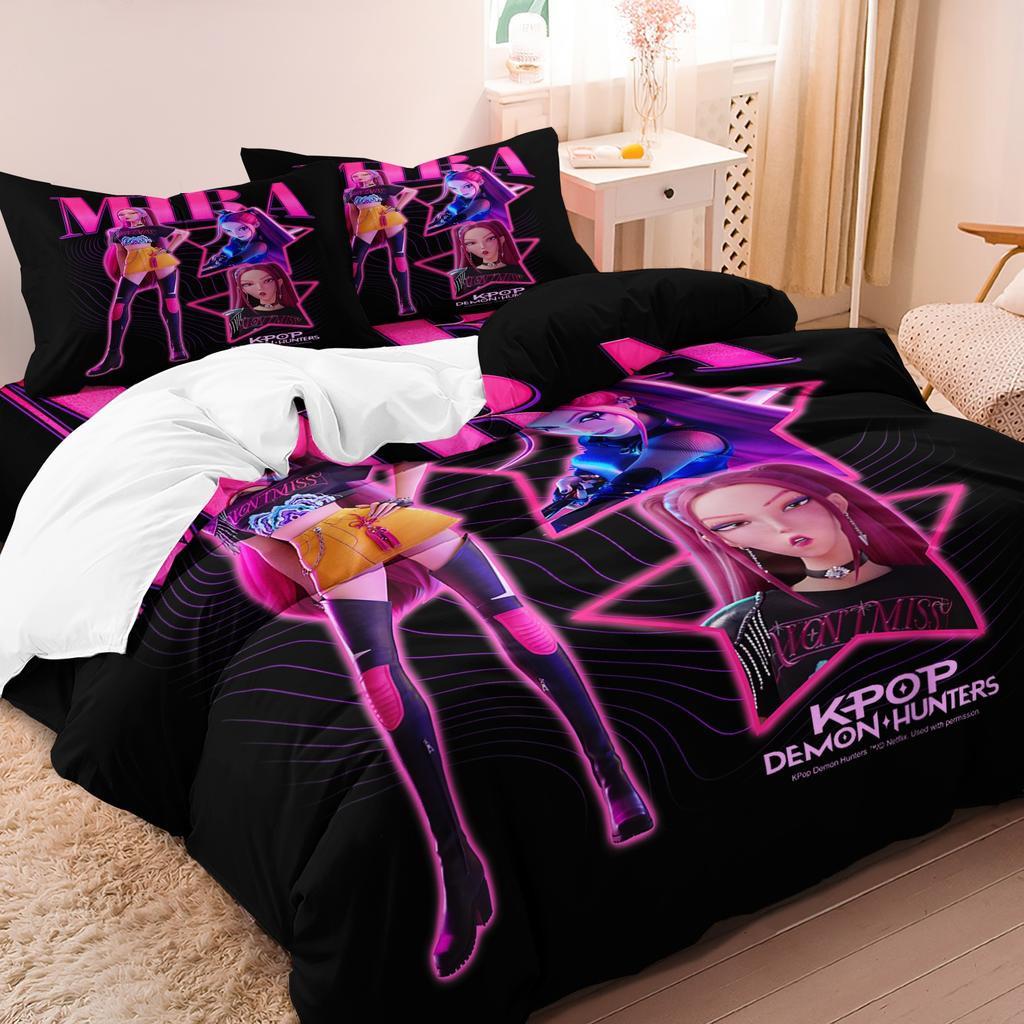 K-Pop Bedding Set Demon Hunters Themed Pink or Black Other Side Print Polyester Student Dormitory Duvet Cover Boys Girls Gift