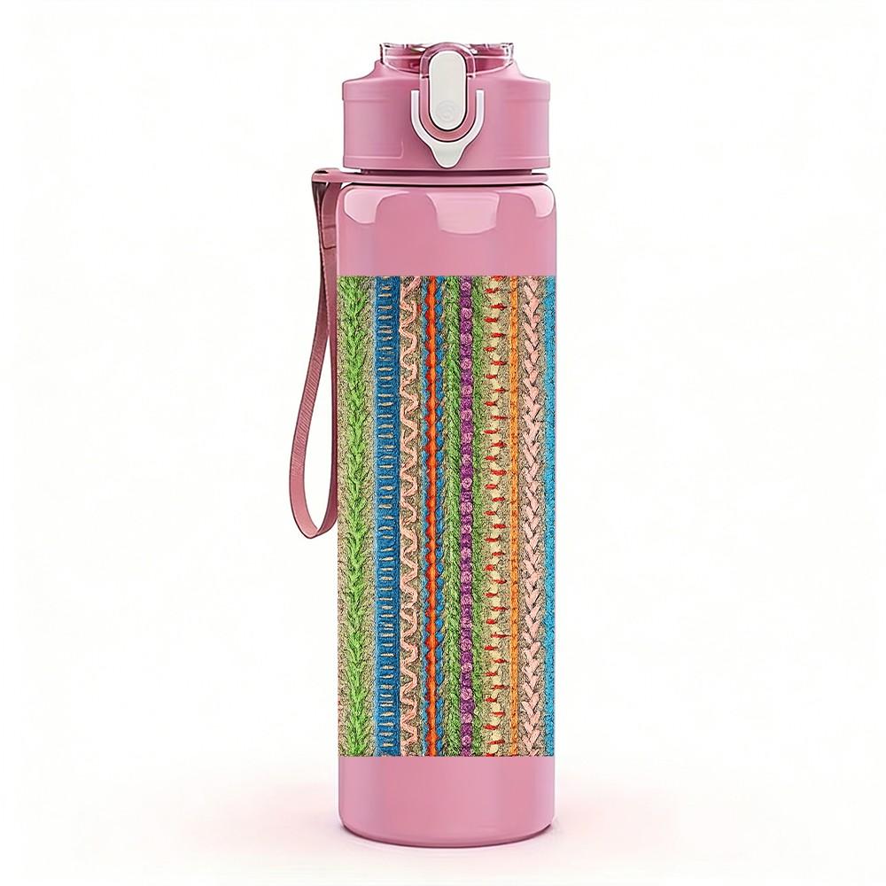 1PC Vertical Multicolor Stripe Textile Print 750ml Color Plastic Sports Water Bottle Leakproof Flip Straw Lid Suitable for Sports Office Home Use