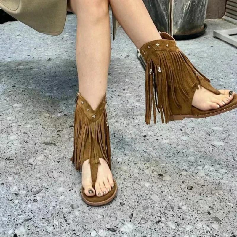Fashion Studded Sandals Women's Shoes Flip Flops Low Heel Tassel Summer Roman Shoes Luxury Corrective Toe Clip Boots New Style