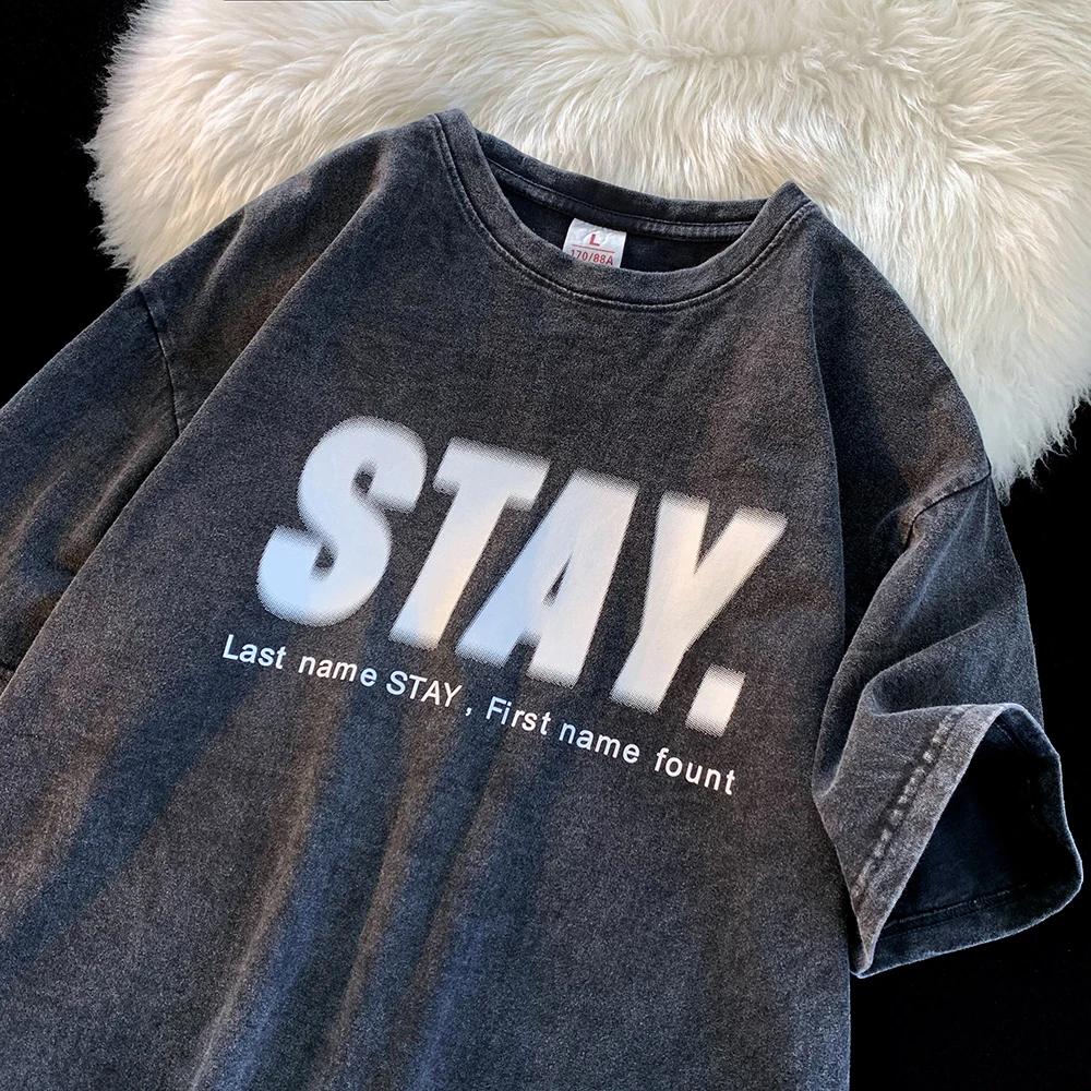 Trendy brand ins washed old American short-sleeved T-shirt men's summer trendy letter print hiphop half-sleeved versatile