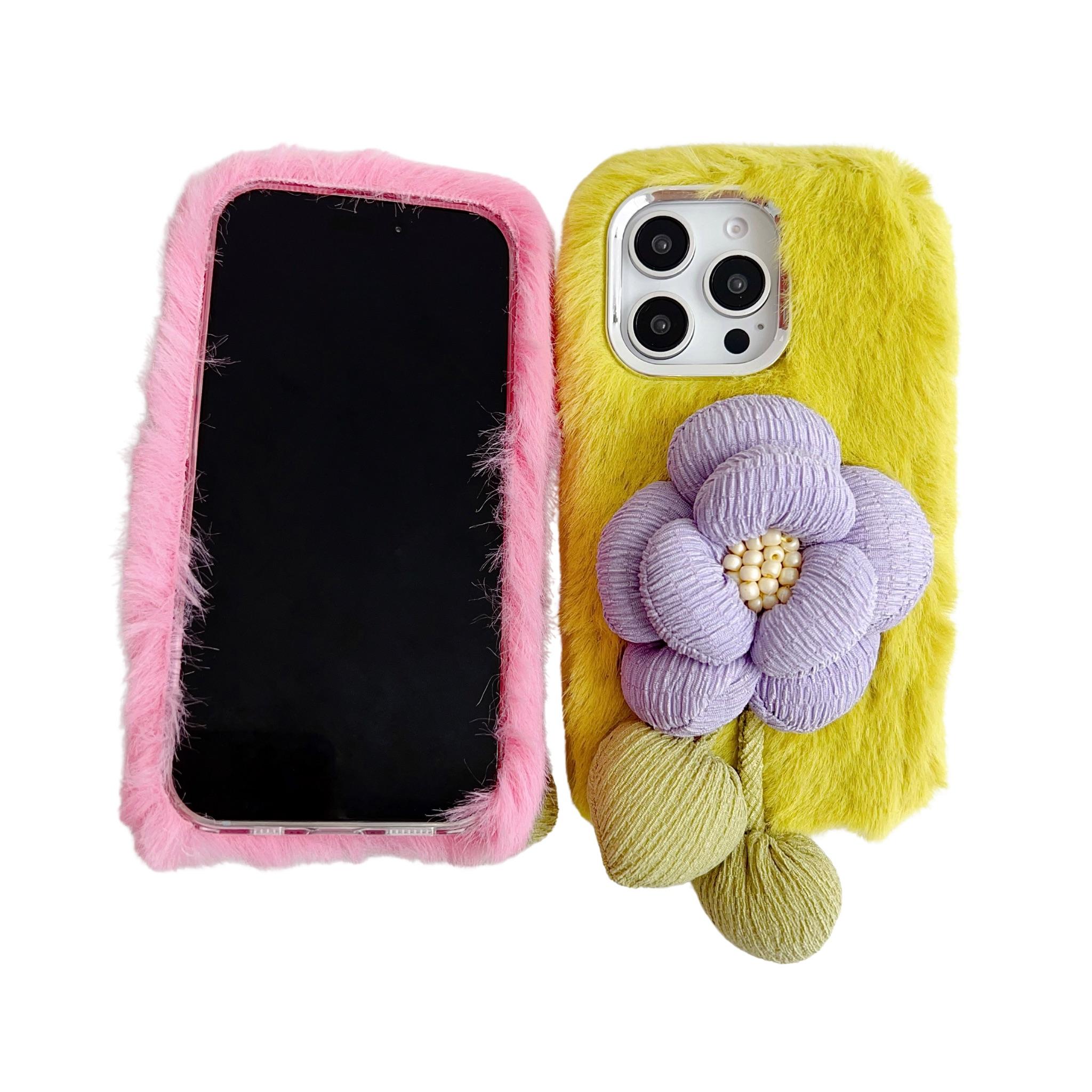 

For iPhone 16 Pro Max Plush Phone Case 3D Flower Decor Fluffy TPU Back Cover Pink