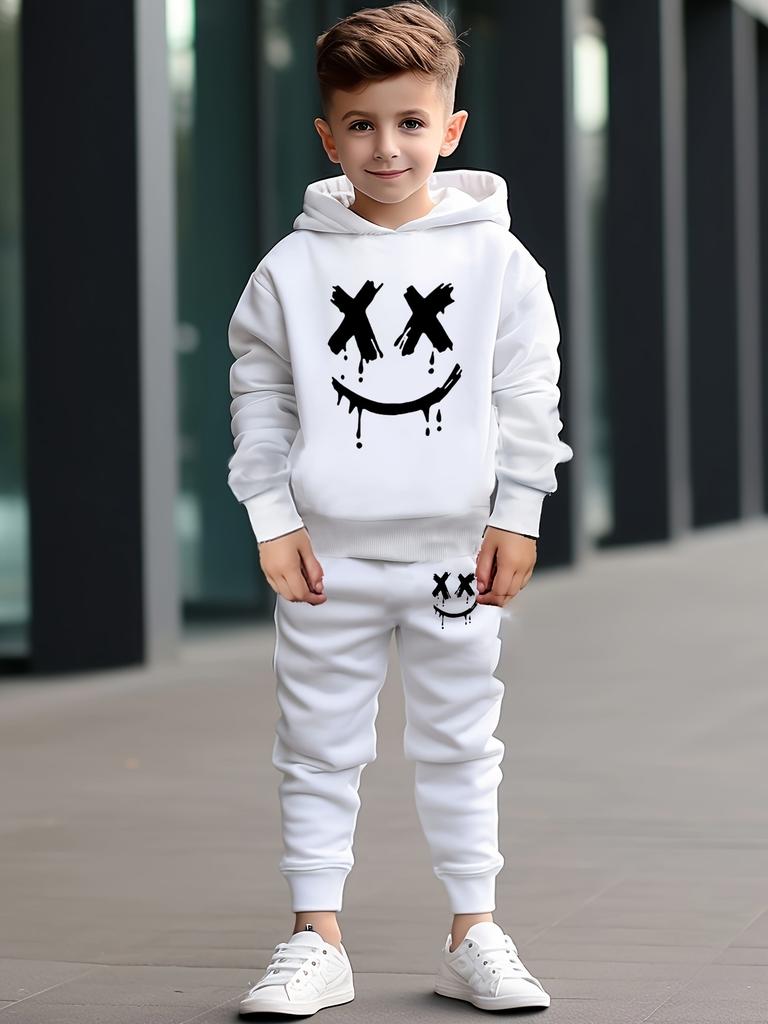 2pcs fun quirky printed boy casual suit, spring long-sleeved fashion hooded sweatshirt and comfortable sports fashion sports trousers