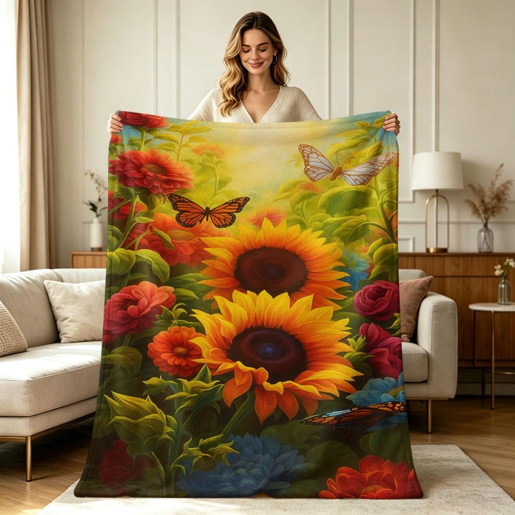 Soft Warm Flannel Blanket with Vibrant Sunflower And Butterfly Garden Print All Season Use for Couch Sofa Bed Office Living Room Home Decorative Throw