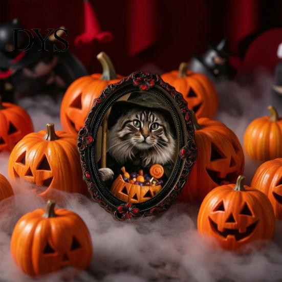 Wooden Animal Frame Ornament Halloween Pet Photo Decoration, with Adhesive Dot, Witch Hat Cat Dog Holiday Decoration Decor, Retro for Home Office