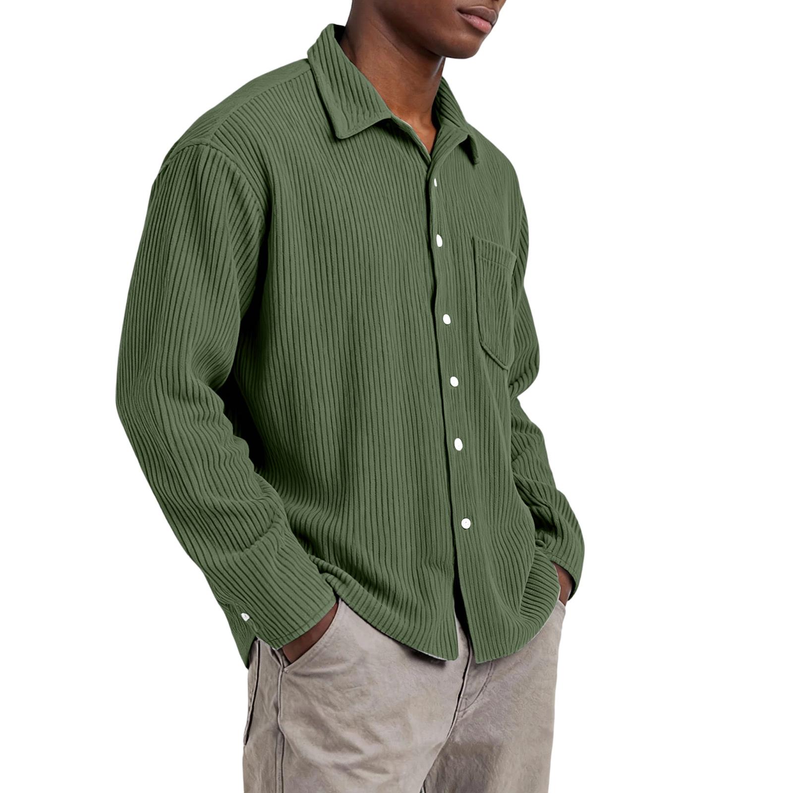 

Men’s Long Sleeve Ribbed Button Down Shirt with Single Chest Pocket Relaxed Fit Collared Top for Everyday Wear L армия зеленый