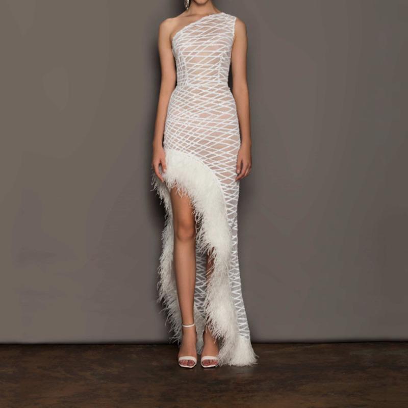 Spring and suer new women s clothing solid color sleeveless irregular diagonal collar temperament mesh evening dress long dress S белый