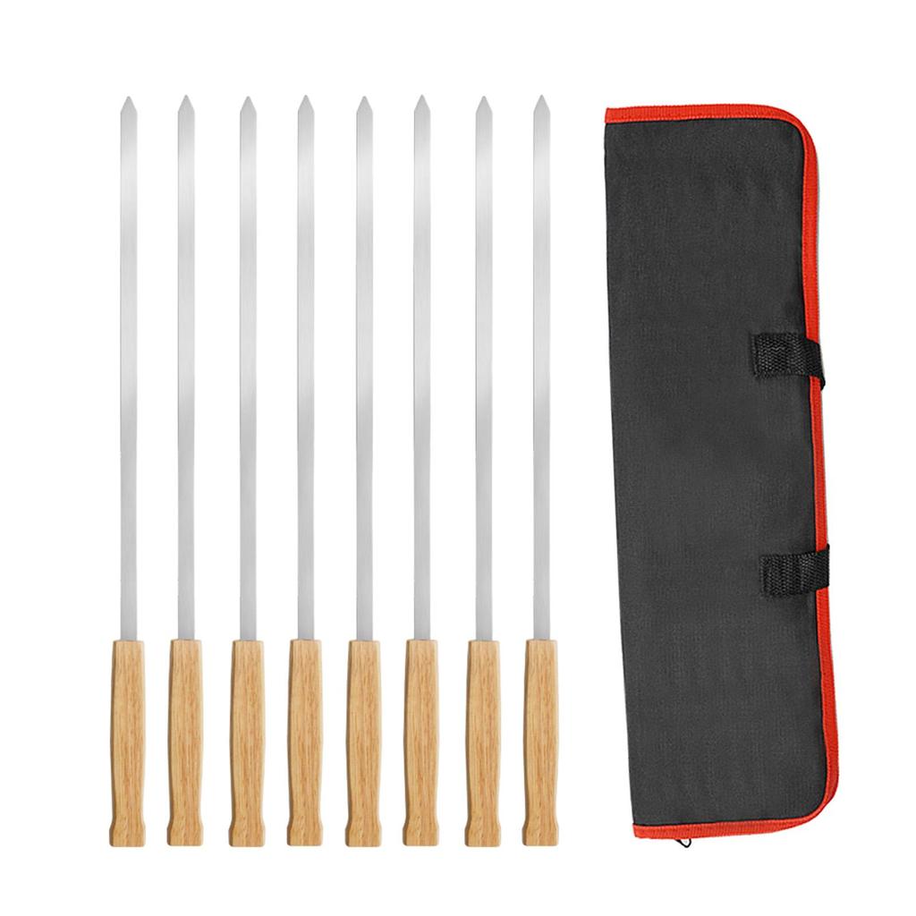 8Pcs Barbecue Skewers with Wooden Handle Stainless Steel Flat Long Shish Kebab Skewers for Chicken BBQ Meats Vegetables Seafood