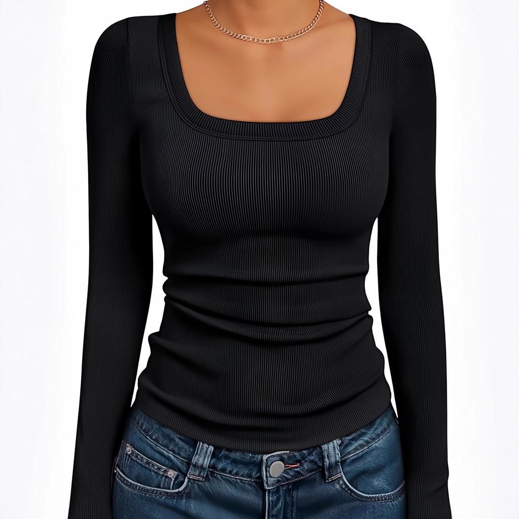 Top da Donna a Coste con Scollo Quadrato, Maglietta Base a Manica Lunga Slim Fit per Autunno Inverno Primavera, Crop Top Casual