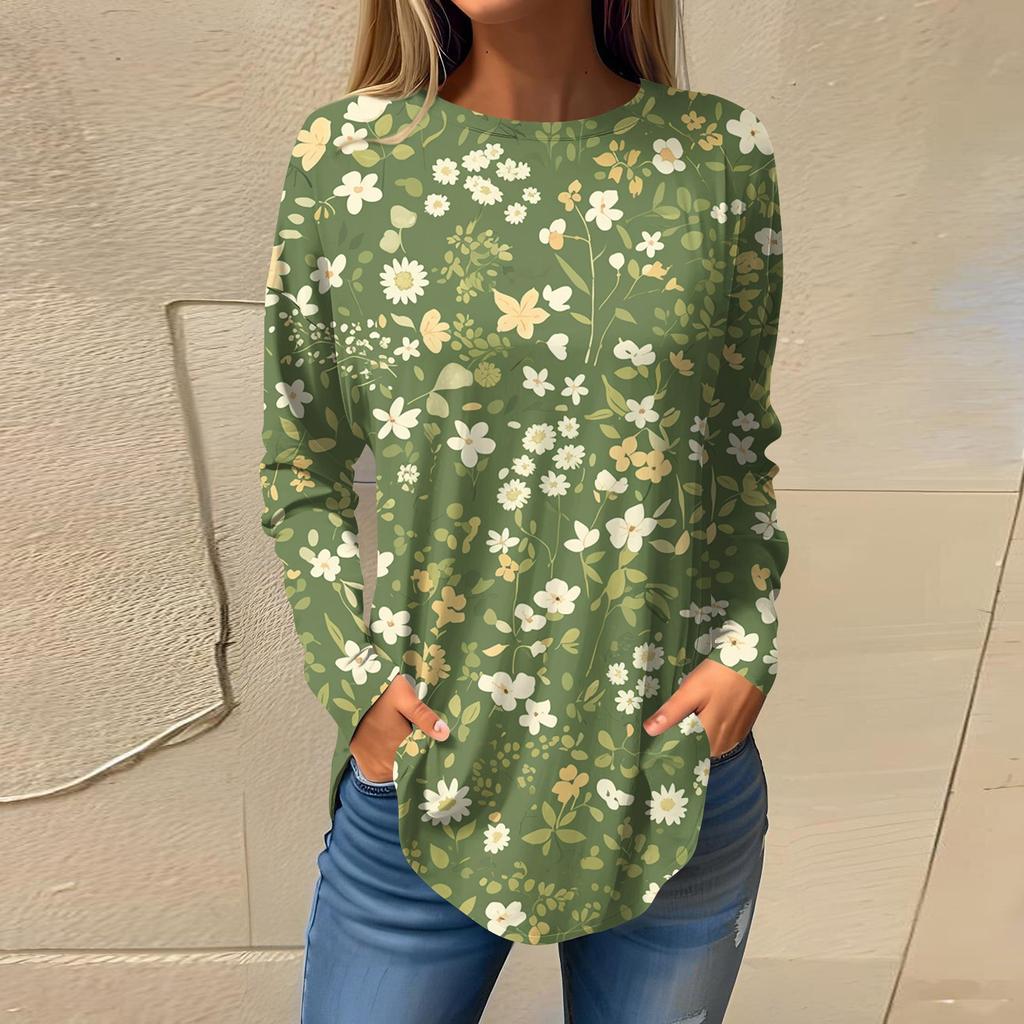 Women's  Loose Casual Flower Printed Round Neck Long Sleeved T Shirt Top Pullover Long Sleeved Sweatshirt