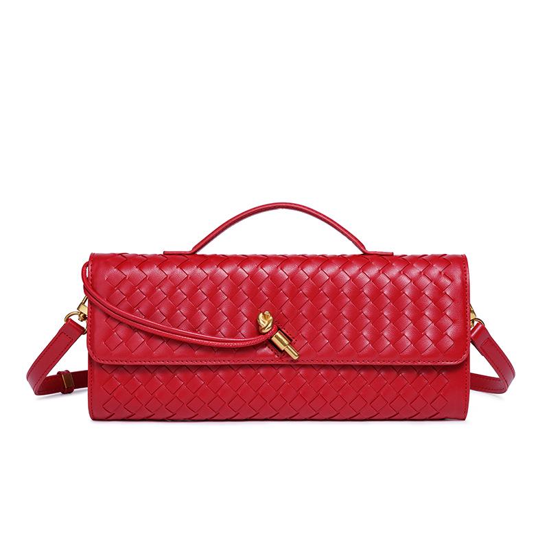 Handmade Woven Leather Baguette: Soft, Solid Color Crossbody Handbag for Women