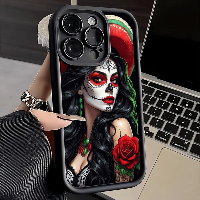 Phone Case for iPhone 17 Air 16E 15 16 Pro Max Catrina Beautiful Rose Girl Skull Cover 14 Plus 13 12 Mini Soft Shell Silicone Fu