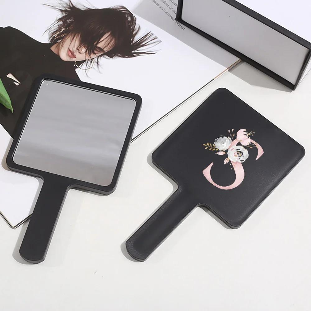 1pc Square Handheld Women Travel Makeup Mirror Chic Handle Dual-Use Desktop Personalized Gift Initial Name 26 Letters Pattern