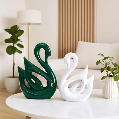 Decor pentru casă Cuplu Lebede Norocoase, Verde Alb, Figurine Ceramice cu Finisaj Pian(Set 2 buc, mare)