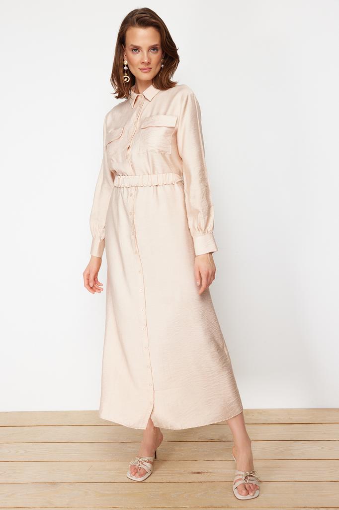 Women's Fashion New Hijab Dress Cinnamon Waist Elastic Belted Pocket Detailed Woven Dress