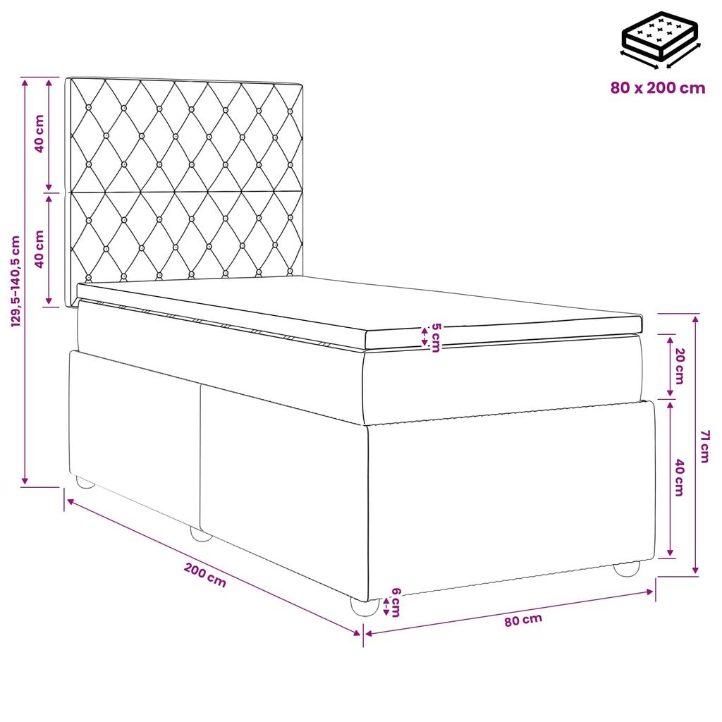 LED Box Spring Bed with Mattress Light Gray 80 X 200 Cm Velvet