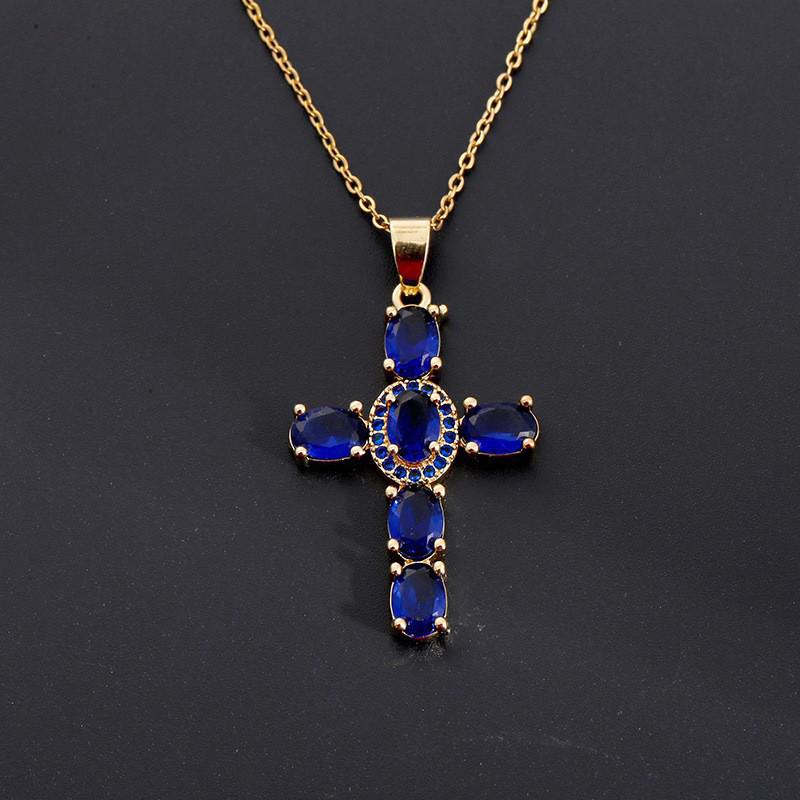 Gold-Plated Multi-Color Zirconia Cross Necklace with Full Diamond Design