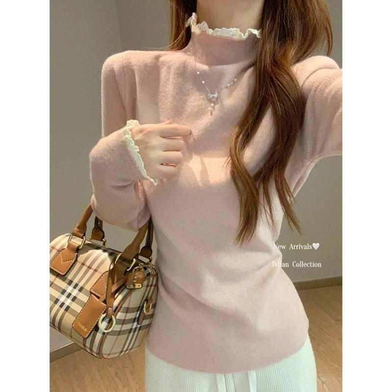 

Semi-turtleneck lace bottoming shirt, spring solid color age-reducing top, women s small man with knitted sweater inside L рожевий